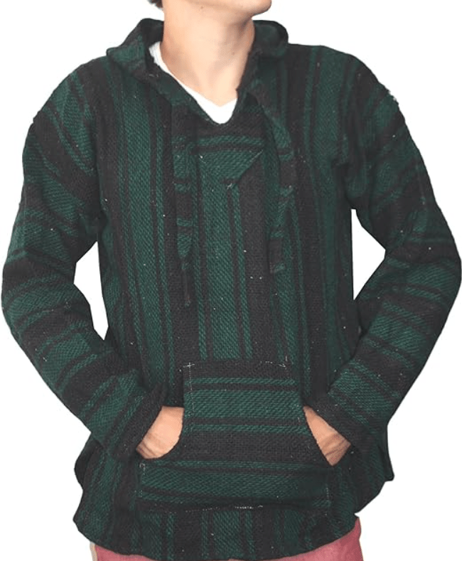 Mexican Baja Hoodie Sweater Jerga Pullover Green Black Unisex