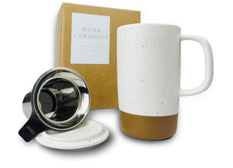 Mora Ceramics Large Tea Mug with Loose Leaf Infuser and Ceramic Lid, 18 oz, Portable, Microwave and Dishwasher Safe, Tall Coffee Cup - Rustic Matte Ceramic.