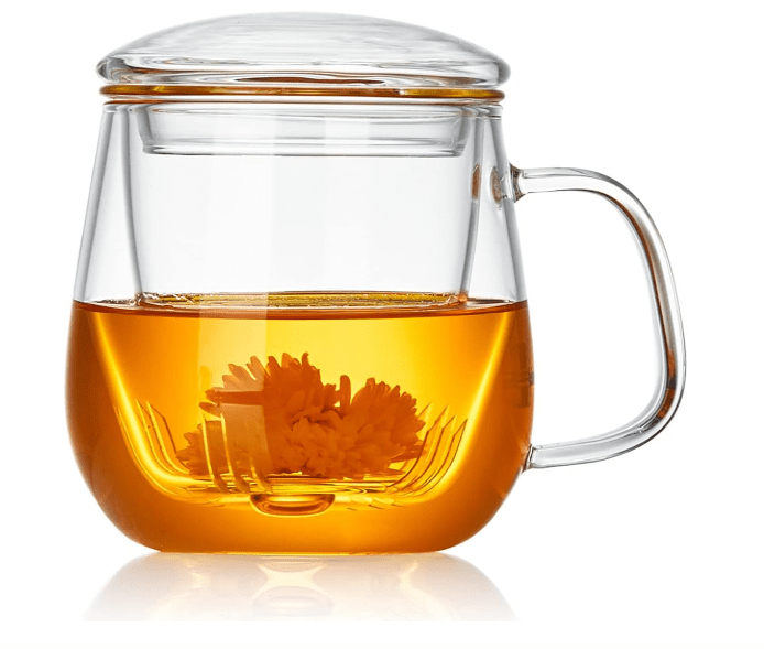 DOPUDO Glass Tea Cup with Infuser and Lid, 17.6oz/520ml Large Borosilicate Teacup,Tea Glass, Clear Mug for Loose Leaf Tea, Blooming Tea, Microwave