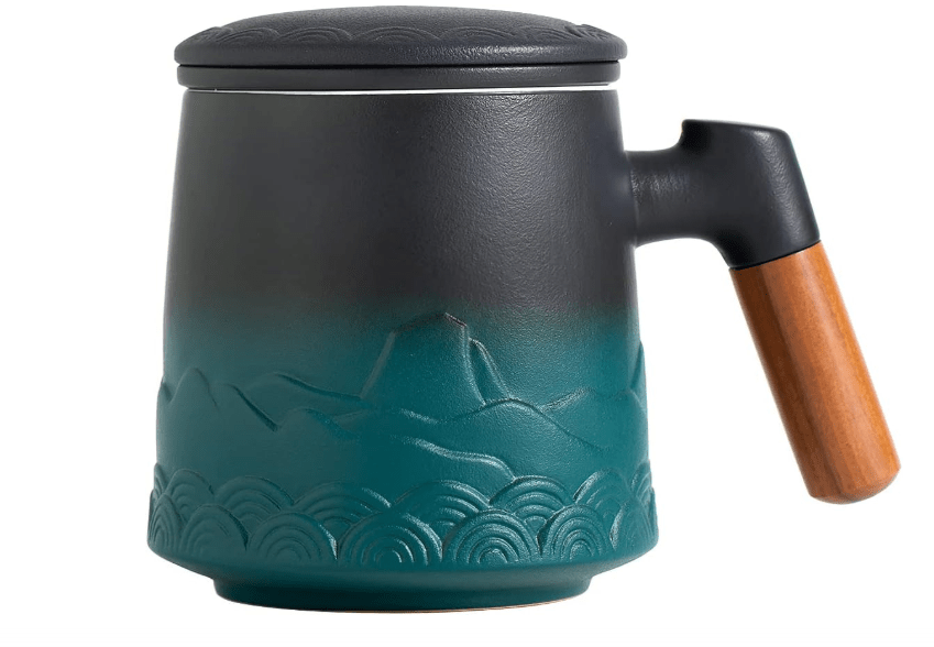 ZENS Tea Cup with Infuser and Lid for Loose Leaf Steeping, 16.9oz Embossed Ceramic Tea Infuser Mug, Wood Handle Tea Diffuser, Great Gift