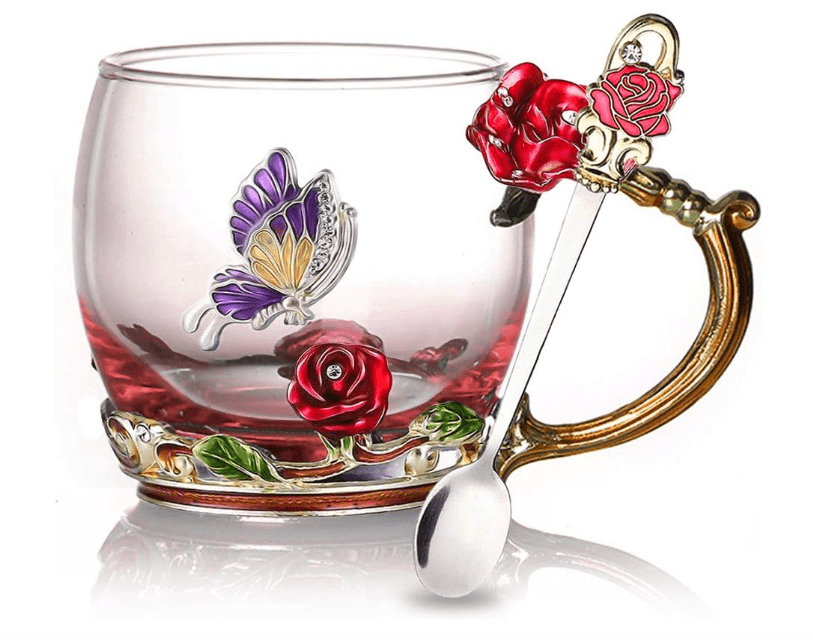 Tea Cup Glass Coffee Mugs Enamel Rose Flower Butterfly Drinking Cups with Spoon Set Unique Gifts for Birthday Wedding Christmas Red Rose Mug 12oz