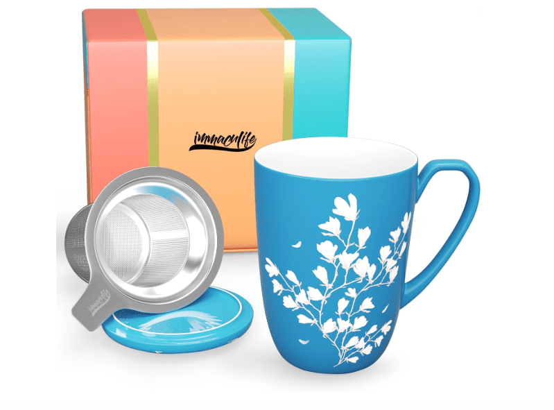 immaculife Tea Cup with Infuser and Lid - Tea Mug with Lid for Steeping Loose Leaf Coffee Milk Women Office Home Gift 16oz Navy Flower