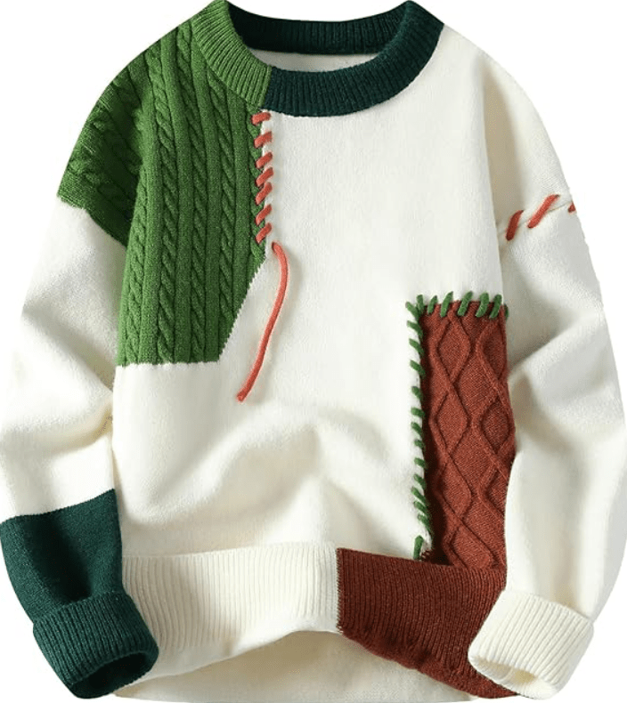 GURUNVANI Patchwork Sweater Mens Colorblock Jumper Cable Knitted Pullover Oversized