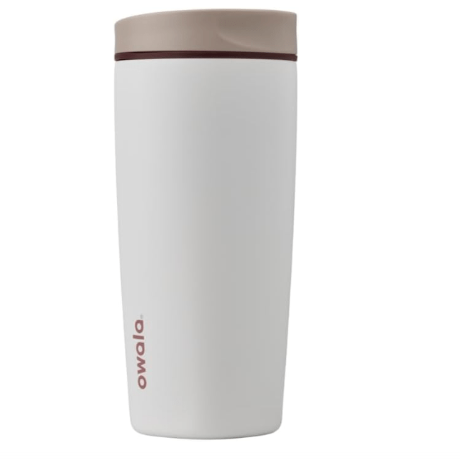  Owala SmoothSip Slider Insulated Stainless Steel Coffee Tumbler, Reusable Iced Coffee Cup, Hot Coffee Travel Mug, BPA Free 20 oz, Tan/White (Vanilla Bean)