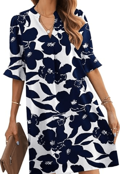 JOCAFIYE Womens Dresses V-Neck Ruffled Short Sleeve Dress Casual Shift Dress Summer Dresses for Women 2025 
