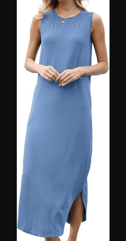 AUSELILY Women Summer Casual Sleeveless Maxi Dress with Loose Wrinkle Neck Split Design with Pockets Long Vest Dresses 