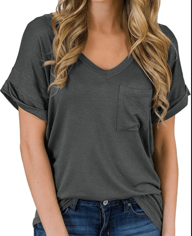 MIHOLL Women's Short Sleeve V-Neck Shirts Loose Casual Tee T-Shirt
