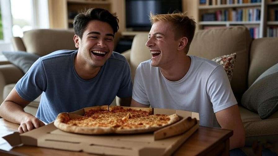 "Playful apartment scene with Joey and Rachel sharing a pizza and laughter."