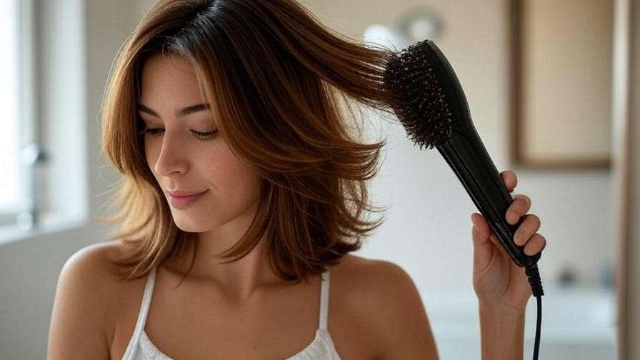 "Woman blow-drying layered Rachel haircut with round brush for volume and bounce."