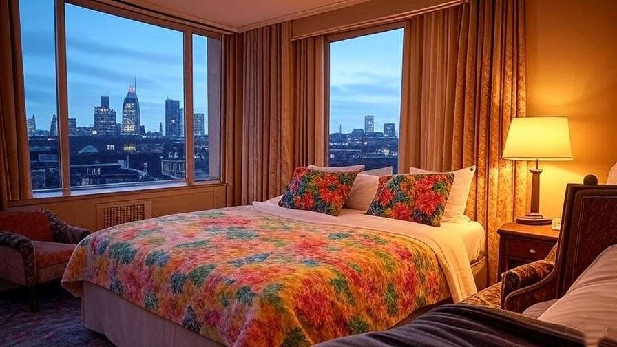 "Cozy London hotel room at dusk with bed and warm lighting for Monica kiss scene in Friends."