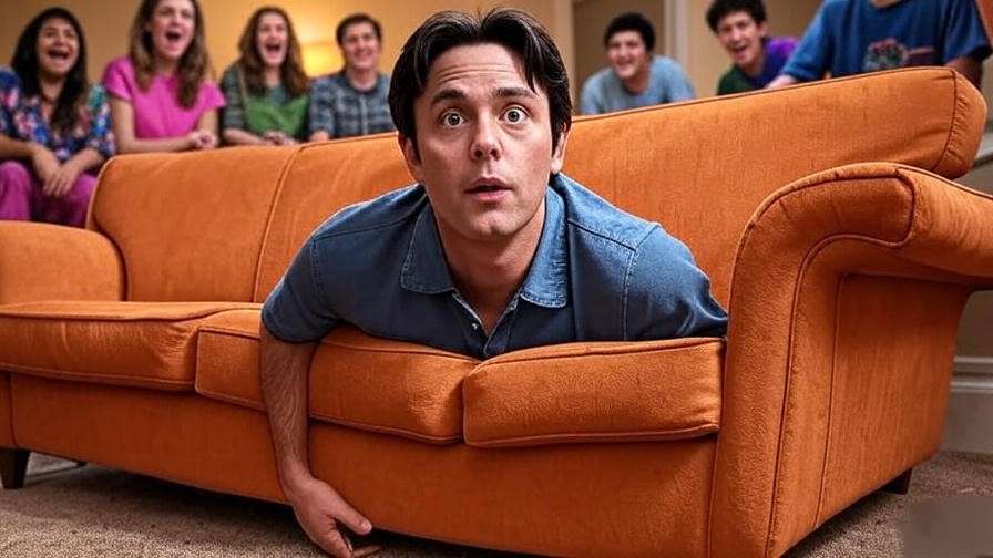 A man stuck with a couch in a staircase with laughing friends in a 90s sitcom style, representing Ross Geller's iconic "Pivot!" moment.