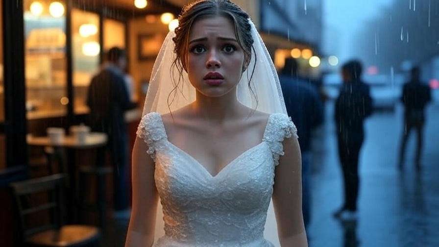 "Rachel Green in a wedding dress leaving Barry at the altar in the rain outside Central Perk, Friends TV show."