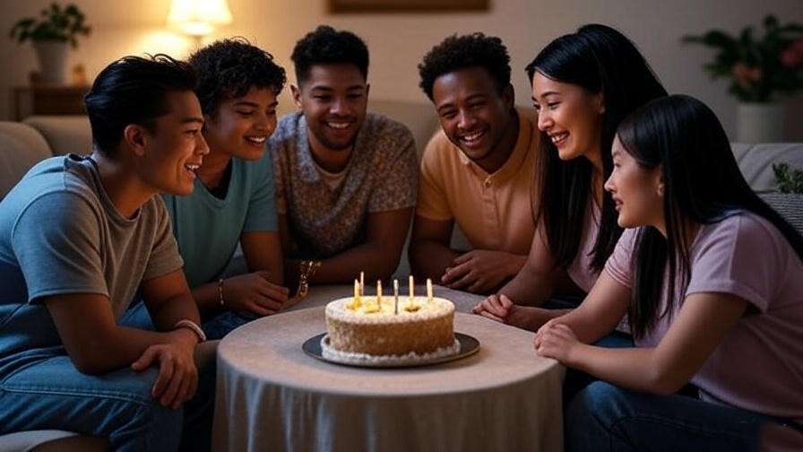 "Friends embracing around a heartfelt birthday cake in a warm living room".