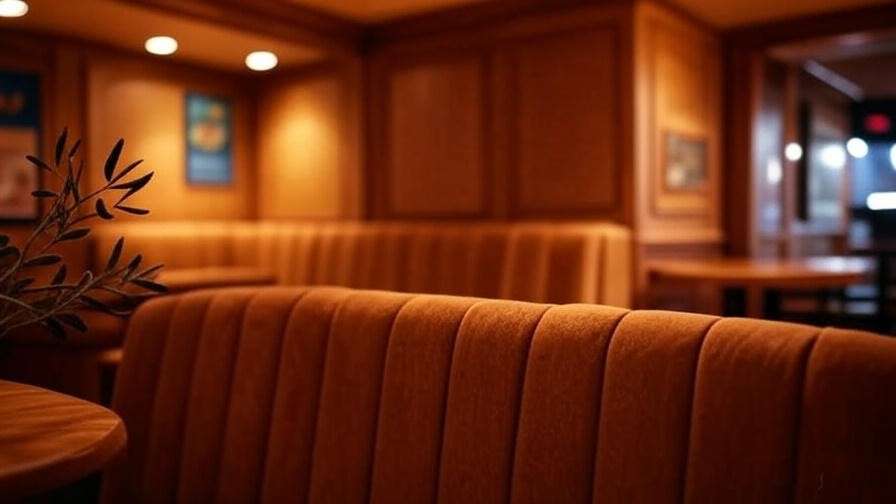 "Cozy 1990s coffee shop interior like Central Perk with Greek olive branch decor, nostalgic Friends setting".