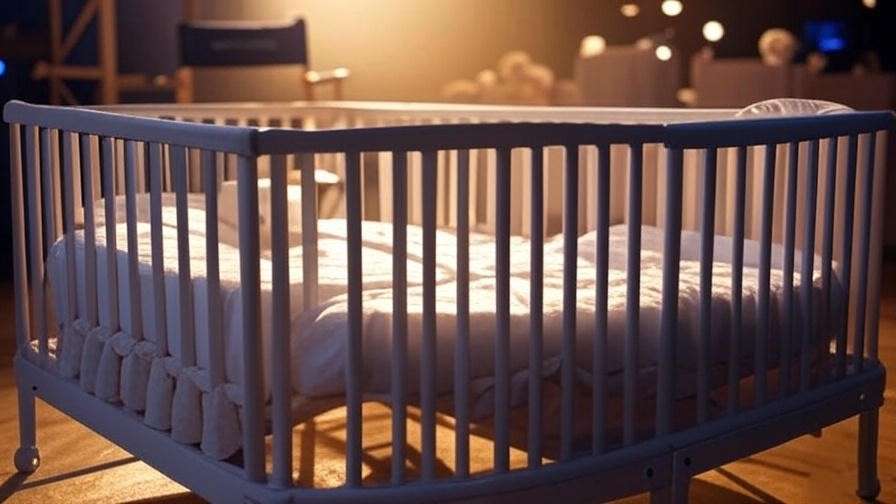 "Behind-the-scenes view of a baby crib on the Friends set during filming."