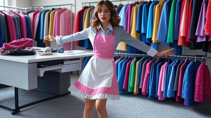 "Woman transitioning from waitress to business suit in a 90s fashion office, symbolizing Rachel Green's career growth in Friends."