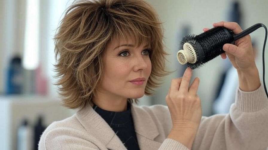 "Close-up of woman styling iconic Rachel Green haircut with round brush".