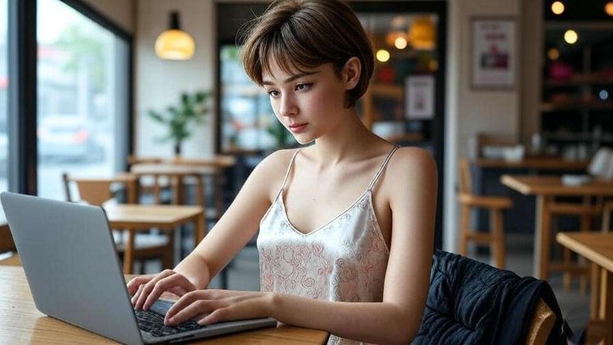 "Young woman in 90s outfit working on laptop in a cafe, symbolizing Rachel Green's modern relevance from Friends."