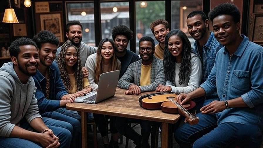 "Diverse group collaborating in a cozy café with musical instruments, reflecting Ross, Phoebe, and Joey's unconventional Friends careers."