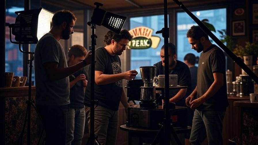 "Behind-the-scenes at Central Perk during Rachel Geller’s filming on Friends".