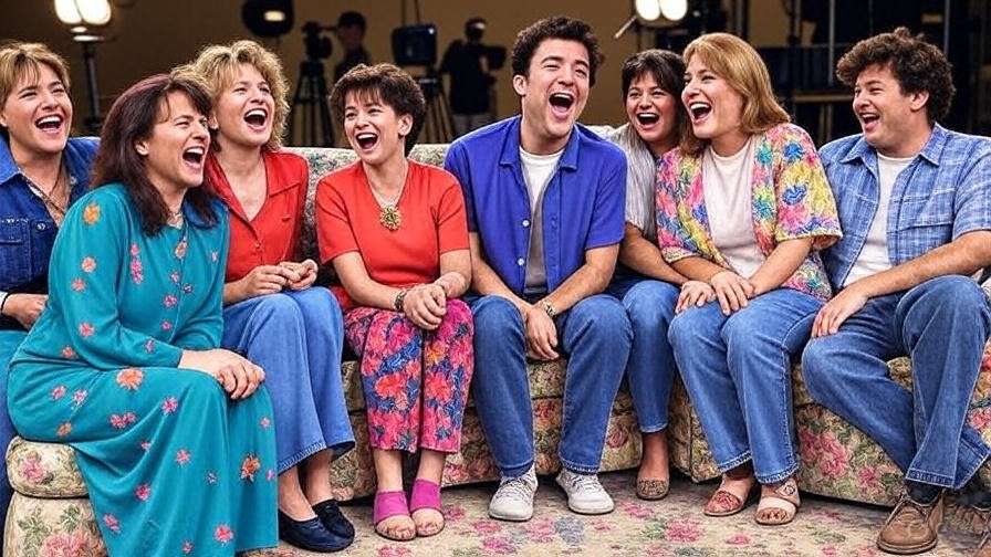 "Behind-the-scenes joy of Friends TV series actors filming sisterly moments on set."