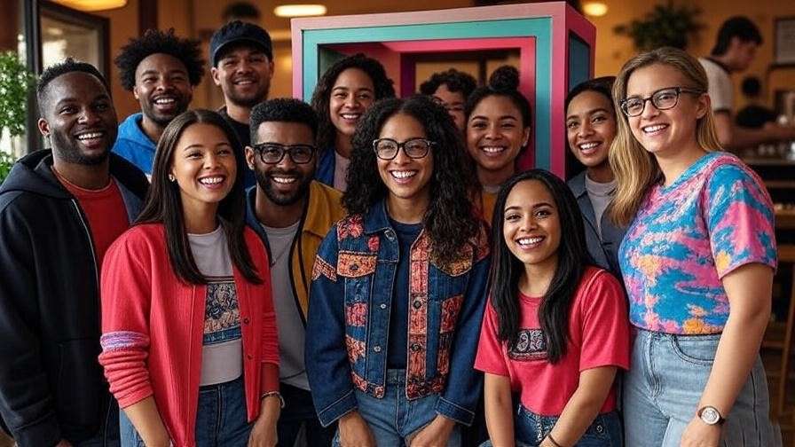 "Group in '90s Friends-inspired outfits posing at a Polaroid photo booth with coffee shop backdrop".