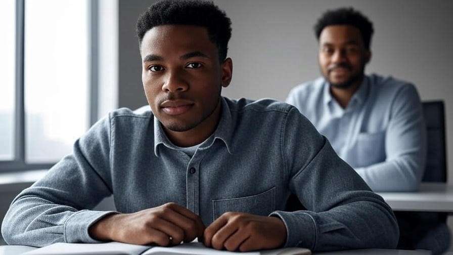 "Person working in a minimalist workspace with a supportive friend, symbolizing resilience in Friends-inspired career challenges."