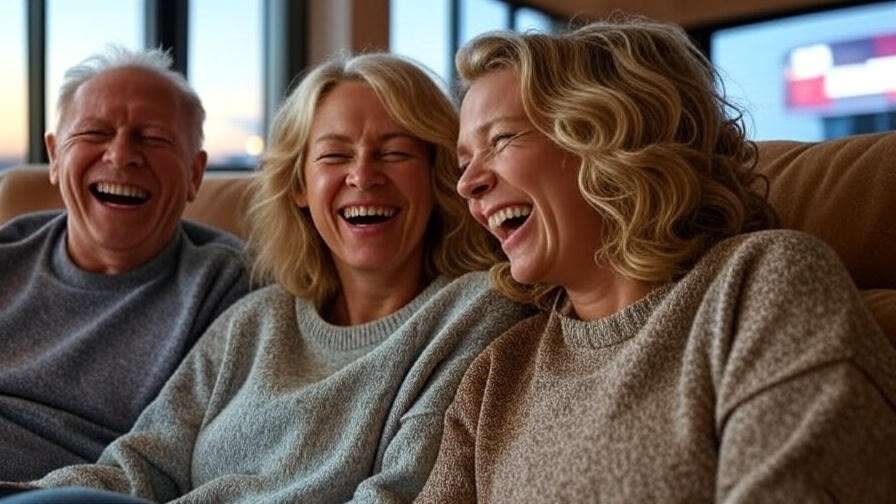 "Heartwarming family scene of Emma with Ross and Rachel in a modern apartment."