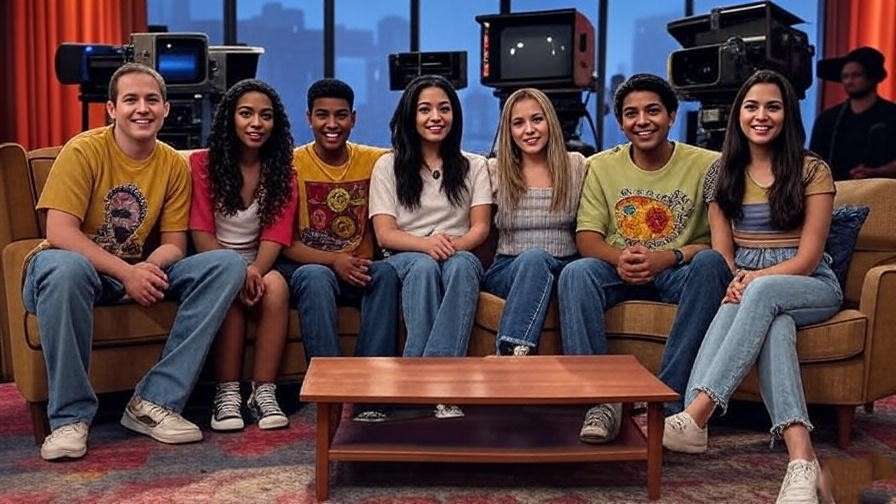 "Retro 2000s TV studio set with nostalgic vibes, reflecting the cultural impact of Friends' iconic kiss scene."