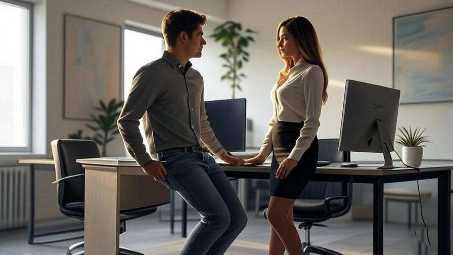 "Stylish office scene with Tag and Rachel flirting near a desk."