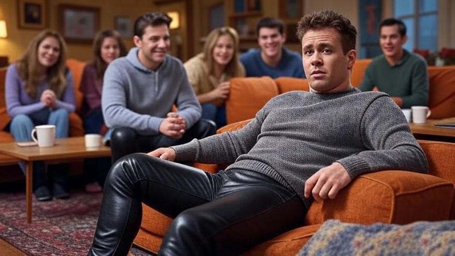 A man in tight leather pants looking flustered on a couch with giggling friends in a 90s sitcom setting, highlighting Ross Geller's humorous moments.