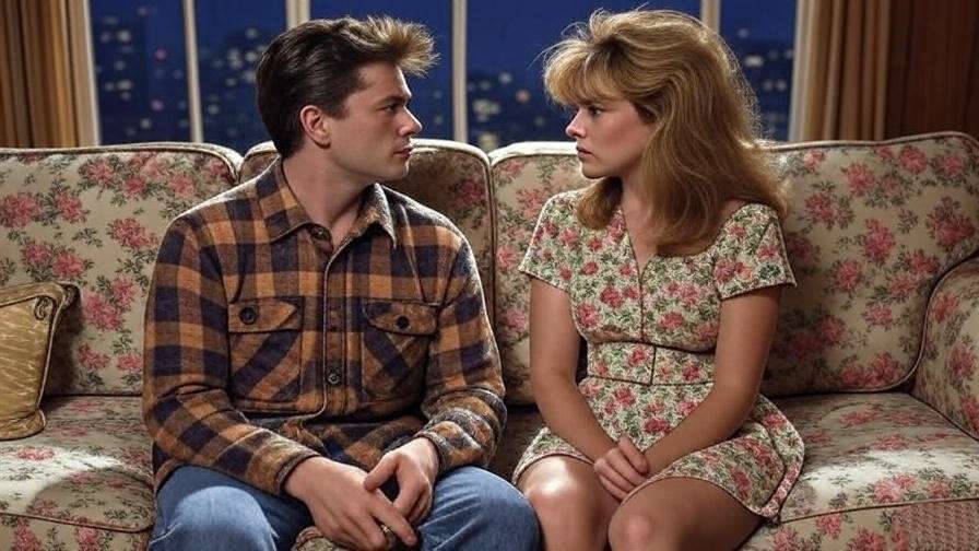 "Ross and Rachel in an emotional confrontation in a 90s apartment, iconic Friends TV series scene."