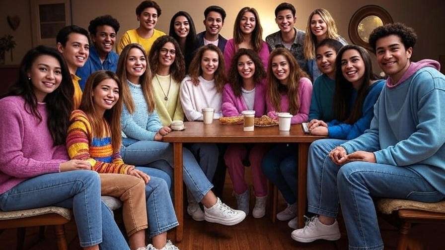 Group of friends in 90s outfits enjoying a trivia night with coffee cups and Friends-inspired decor.