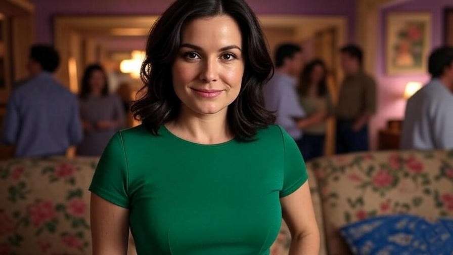 "Monica Geller in a green dress at a Thanksgiving scene from Friends, 90s nostalgic apartment setting".