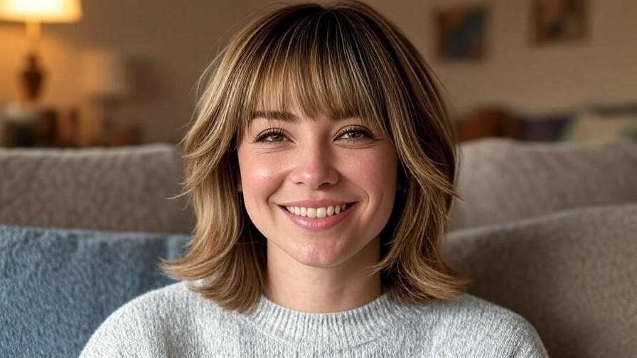 "Woman with modern Rachel haircut featuring softer bangs and balayage highlights."