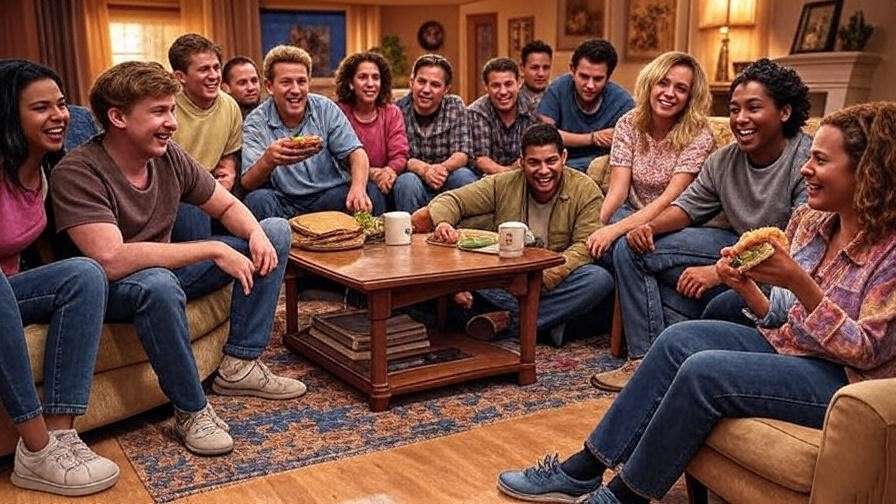 A man protecting a sandwich with laughing friends in a 90s sitcom living room, showcasing Ross Geller's relatable humor.