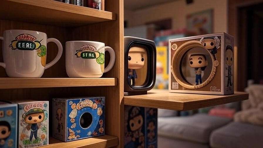 Collection of Friends-themed merchandise including Central Perk mug and Phoebe Funko Pop on a wooden shelf.