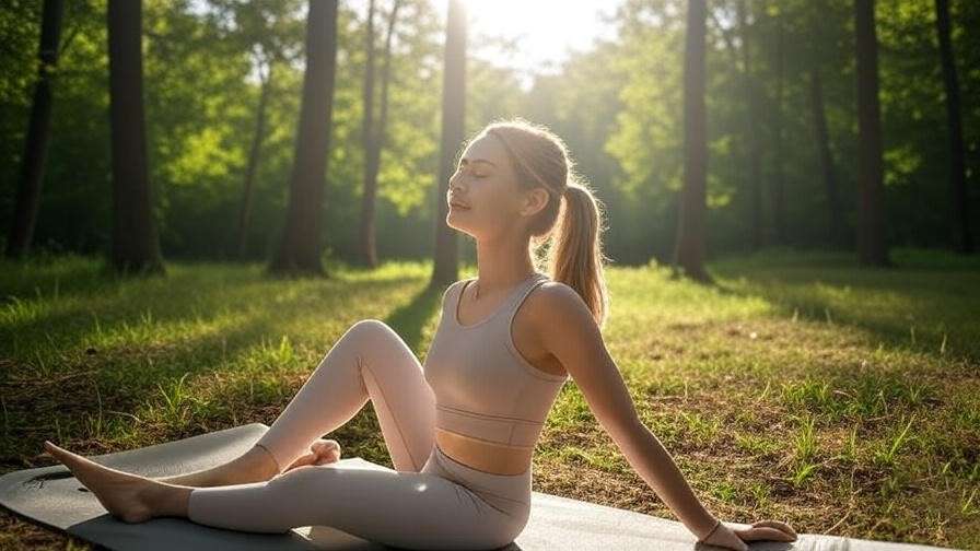 "Serene outdoor yoga scene with sunlight through trees, reflecting Jennifer Aniston’s wellness focus".