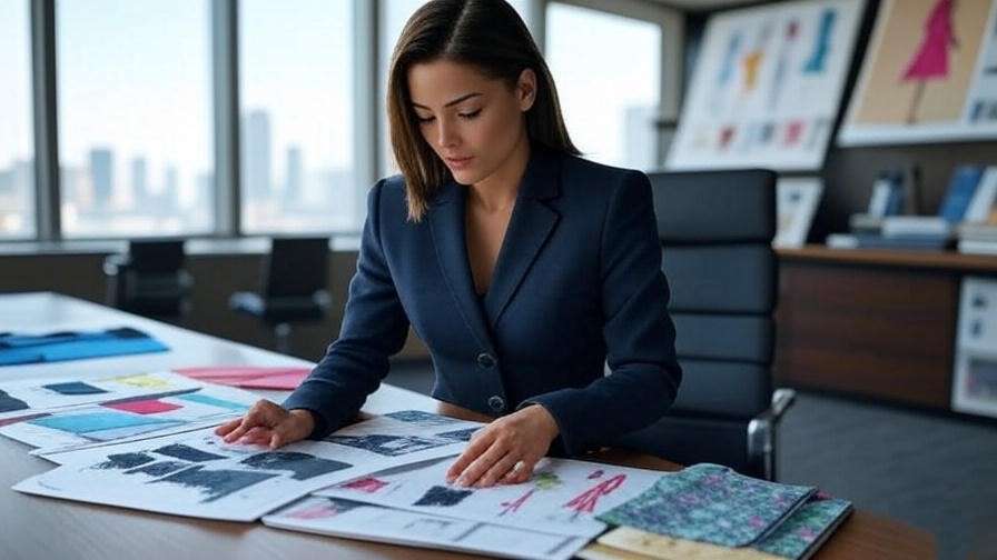 "1990s Bloomingdale’s office with a woman in a business suit reviewing fashion sketches, depicting Rachel’s assistant buyer role in Friends."