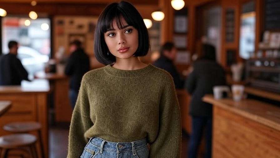 "Monica Geller styling an olive green sweater with jeans in a 90s coffee shop from Friends".
