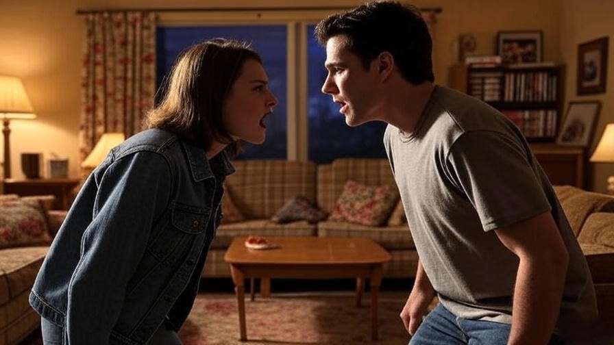 "Emotional argument between Rachel and Ross in a 90s apartment on Friends".