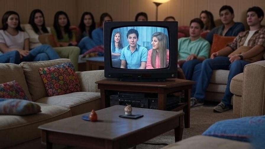 "Nostalgic 2000s living room with viewers watching Friends, symbolizing the enduring appeal of the iconic kiss moment."