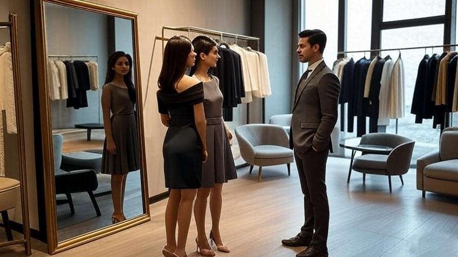"Chic boutique scene with Joshua and Rachel in stylish outfits."