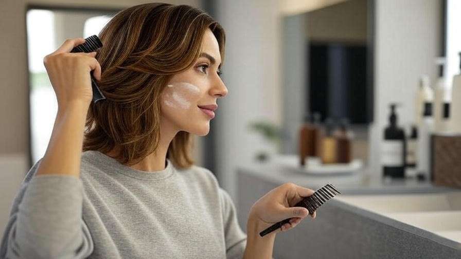 "Woman applying anti-frizz serum to maintain Rachel haircut with haircare tools."