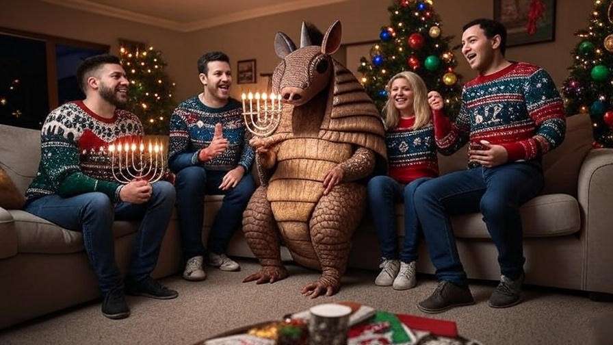 A man in a holiday armadillo costume with friends in holiday sweaters in a 90s sitcom setting, celebrating Ross Geller's legacy.
