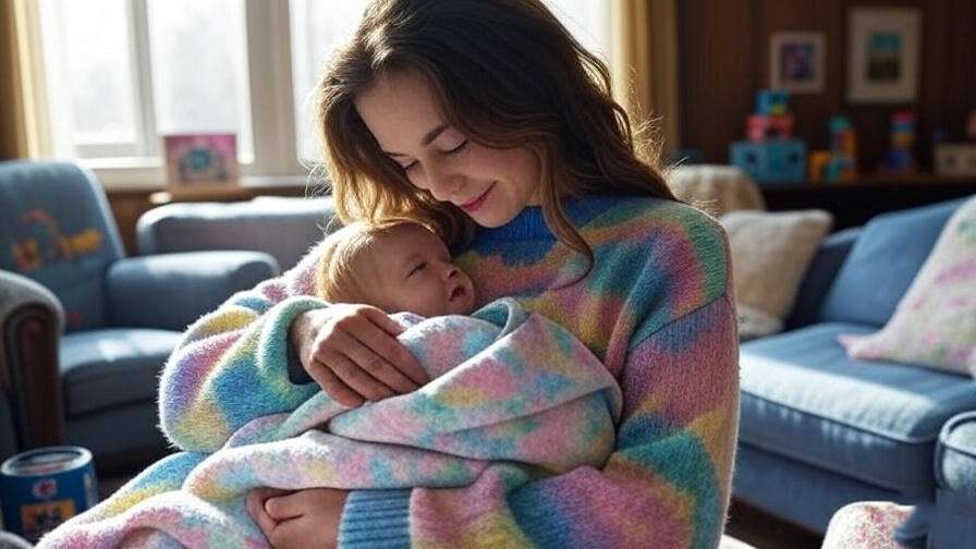 "Rachel Green reflecting with baby Emma in a cozy 90s living room, Friends TV show."