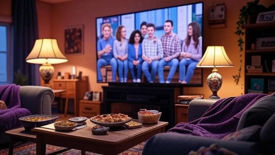 Cozy living room with TV playing Friends episode, snacks, and 90s decor for a watch party.