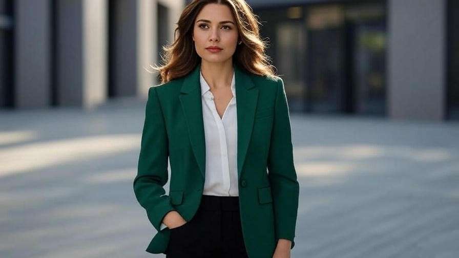 "Modern recreation of Monica Geller’s green blazer outfit from Friends in an urban setting".