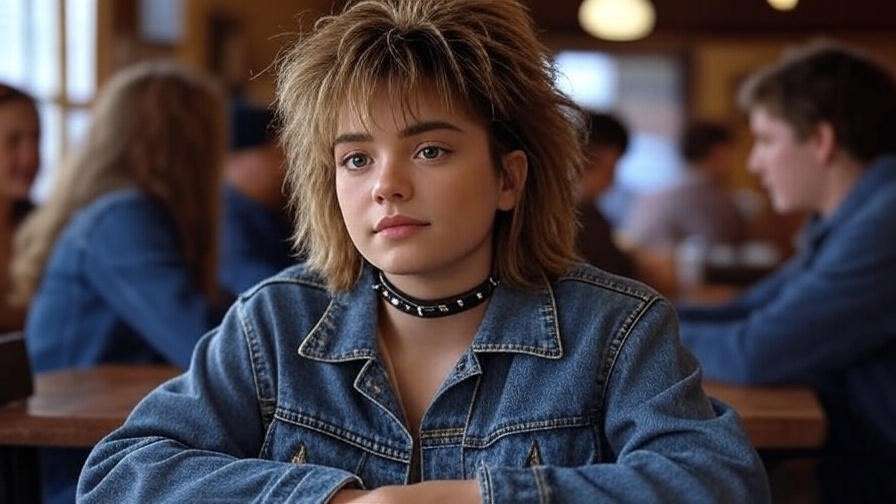 "Young woman in 90s denim jacket and choker at a coffee shop with friends, reflecting Rachel Green's iconic style from Friends."