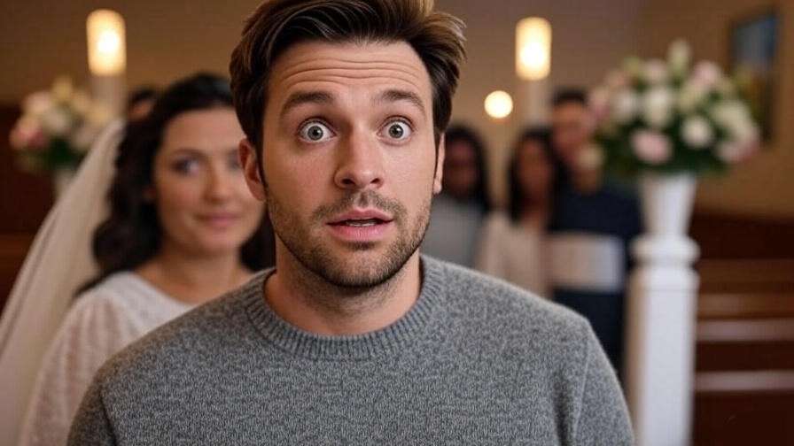 A surprised man in a Vegas chapel with a blurred bride and peeking friends in a 90s sitcom style, depicting Ross Geller's iconic wedding moment.